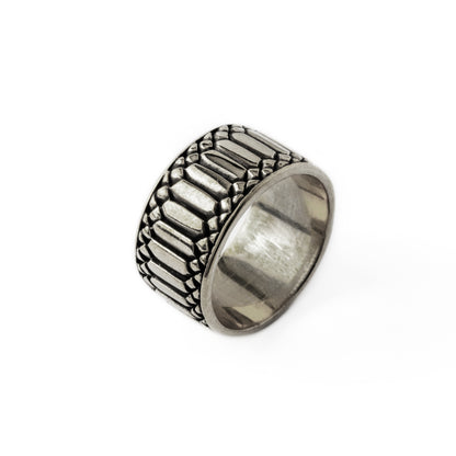 Apophis Rebirth silver thick band ring with geometric pattern side view