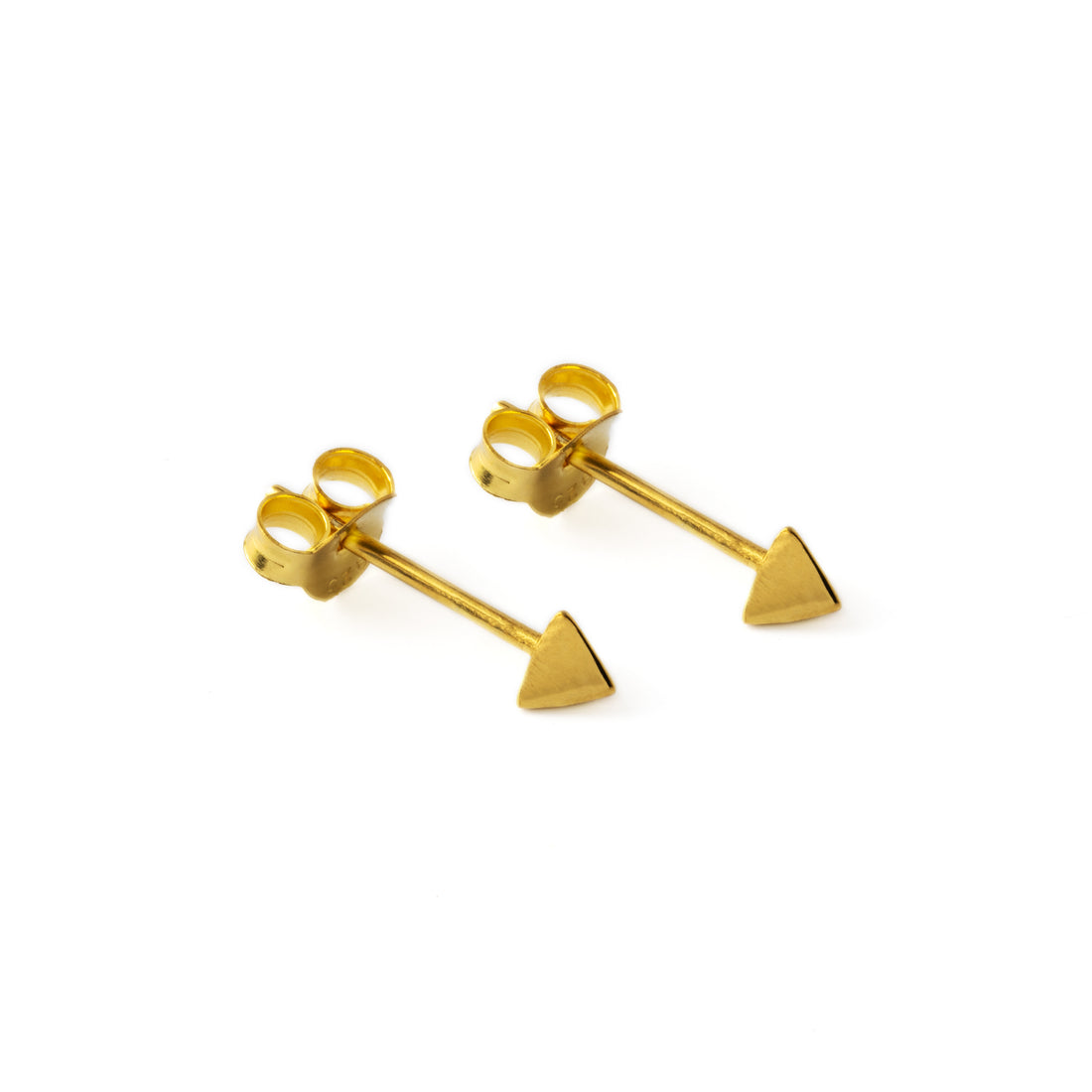 pair of gold tiny pyramid ear studs right side view