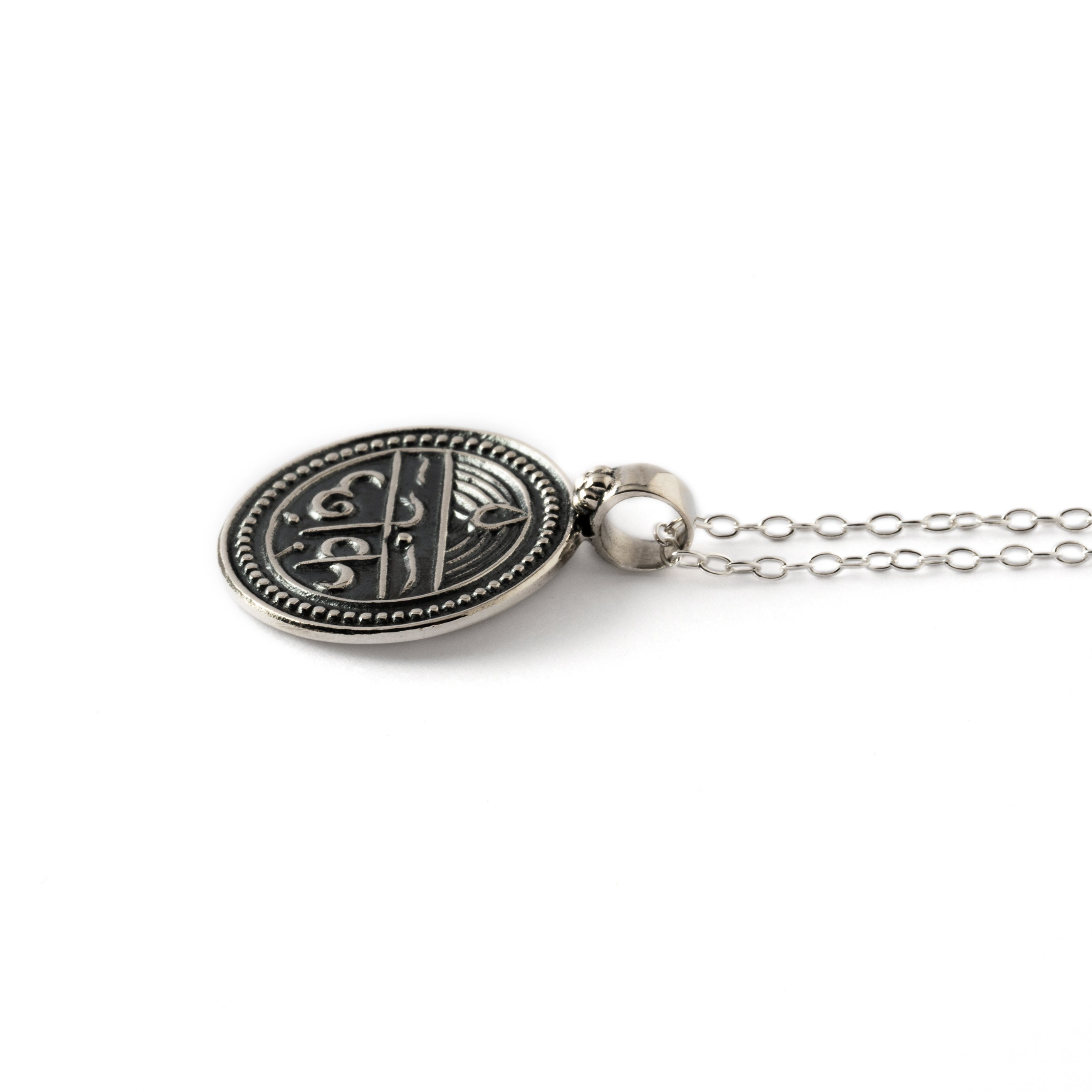 good health protection charm necklace made of oxidised silver side view