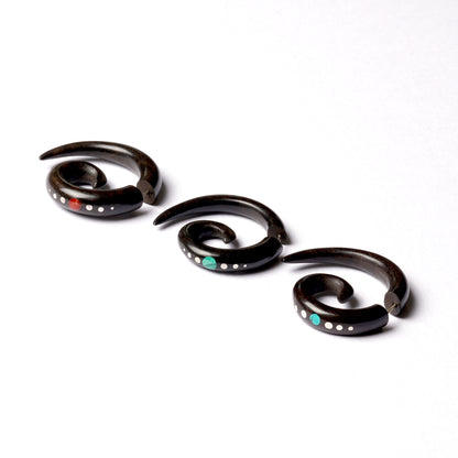 Koru Black Wood Fake Gauge Earring with Dots and Stone Inlay | Tribu Tribal Jewellery