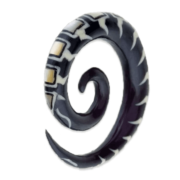 Horn Spiral Ear Stretcher with Bone and Pearl Inlays