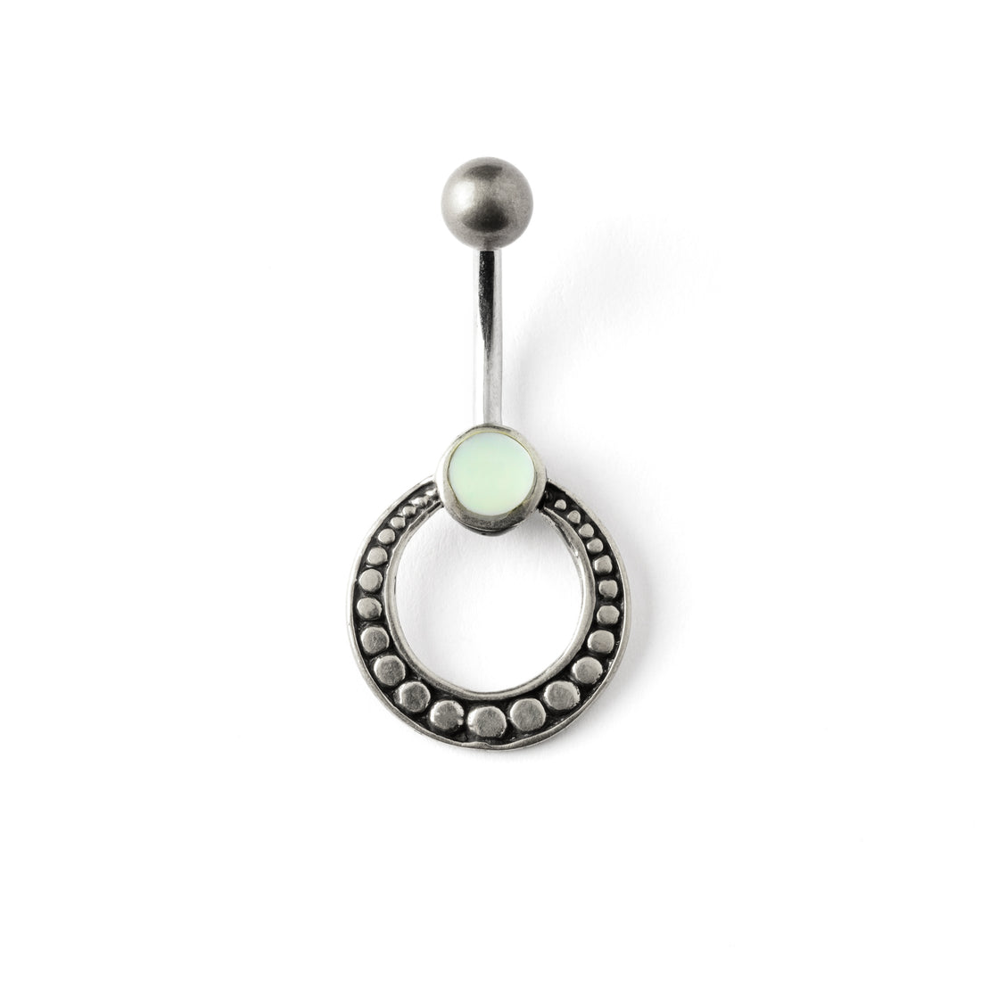 silver circle belly piercing with mother of pearl shell frontal view