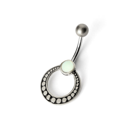 silver circle belly piercing with mother of pearl shell right side view