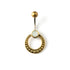 golden brass circle belly piercing with mother of pearl shell frontal view