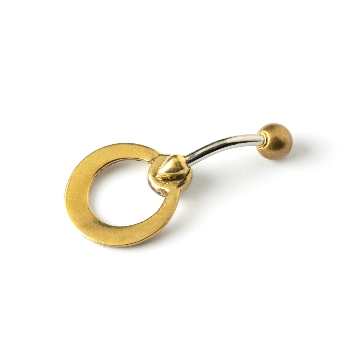 golden brass circle belly piercing with mother of pearl shell back side view