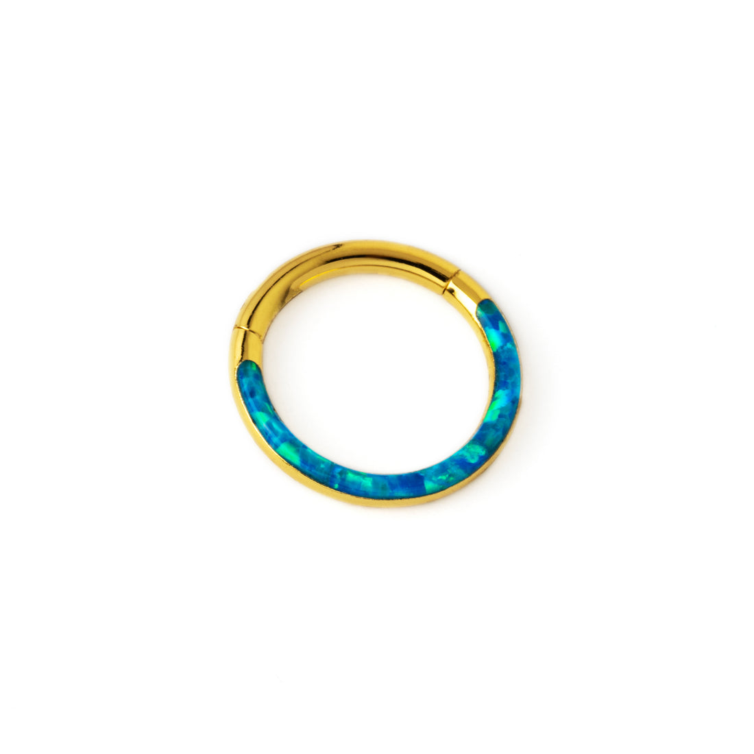 golden surgical steel clicker ring with forward blue opal inlay right side view