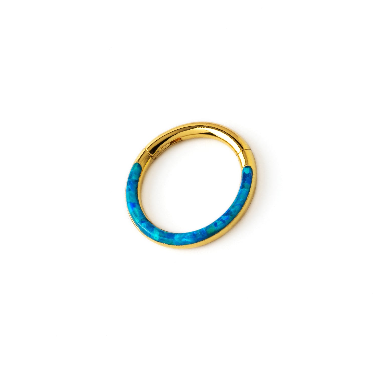 golden surgical steel clicker ring with forward blue opal inlay left side view