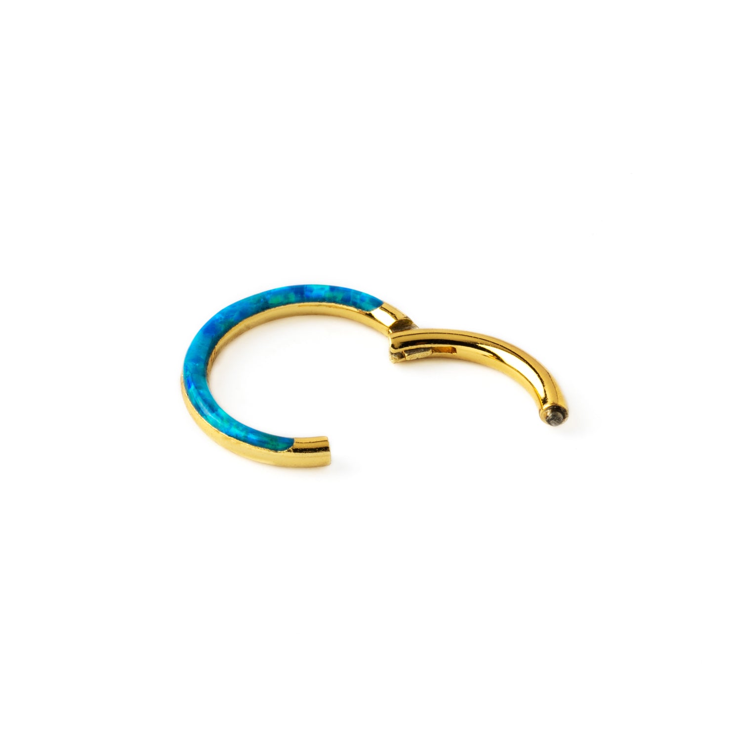 golden surgical steel clicker ring with forward blue opal inlay click onclosure view