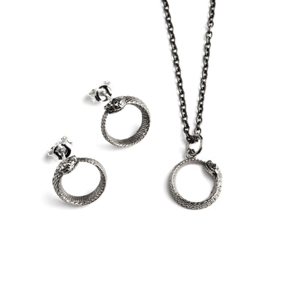 Silver Ouroboros Snake Ring with silver Ouroboros stud earrings