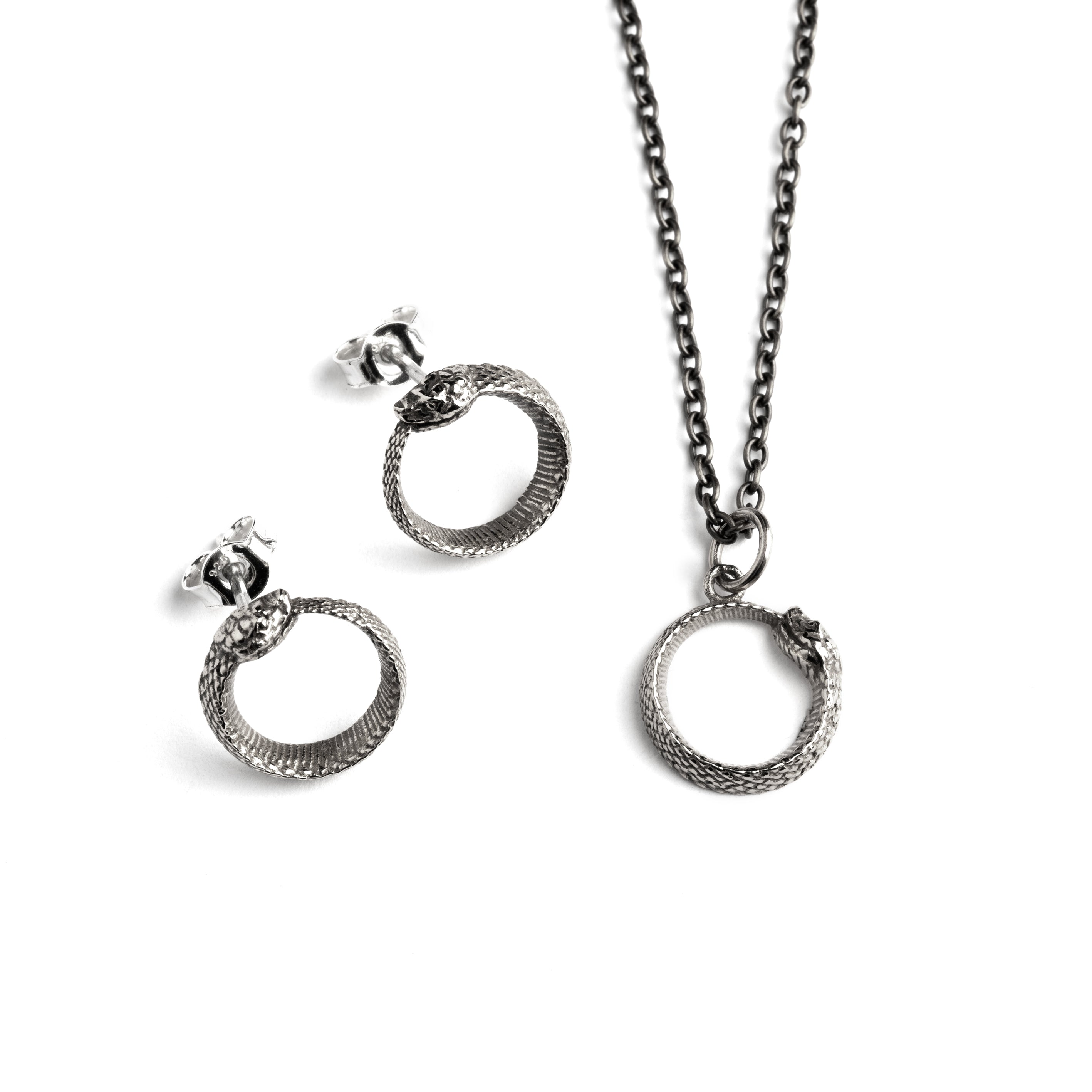 Tiny Silver Ouroboros Charm necklace with silver  ouroboros ear studs