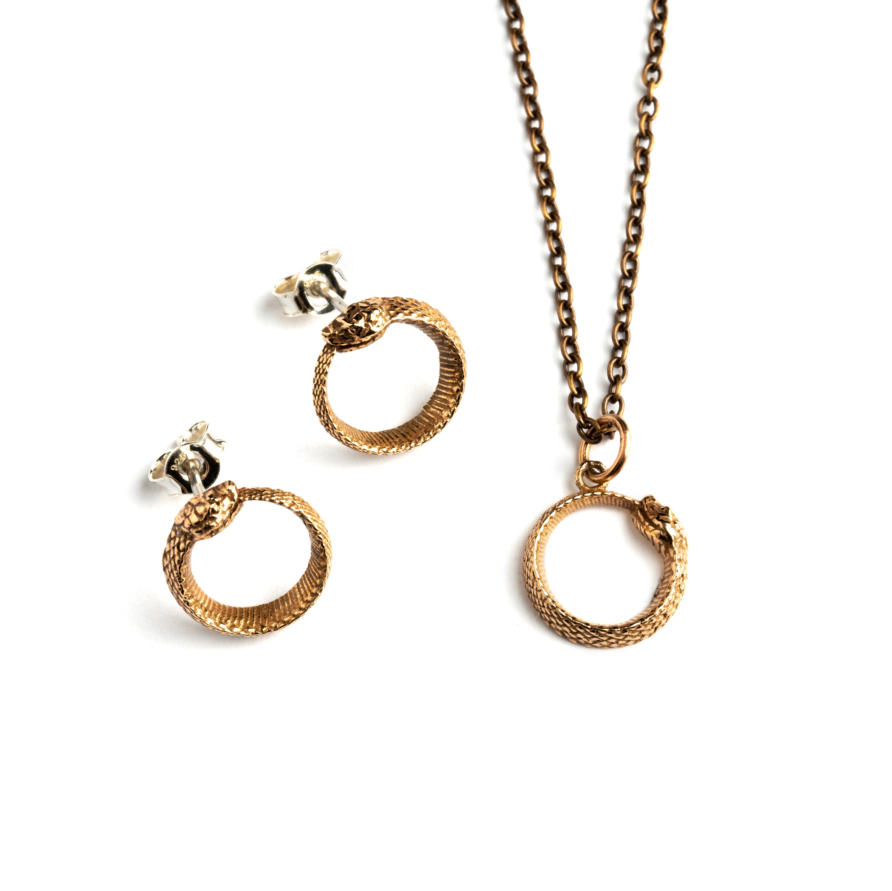 Tiny Bronze Ouroboros snake Charm necklace and pair of Ouroboros stud earrings
