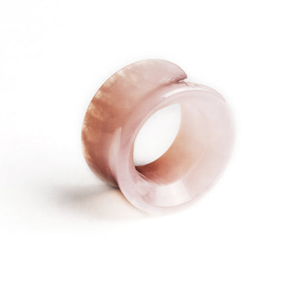 rose quartz double flare stone ear tunnels right side view