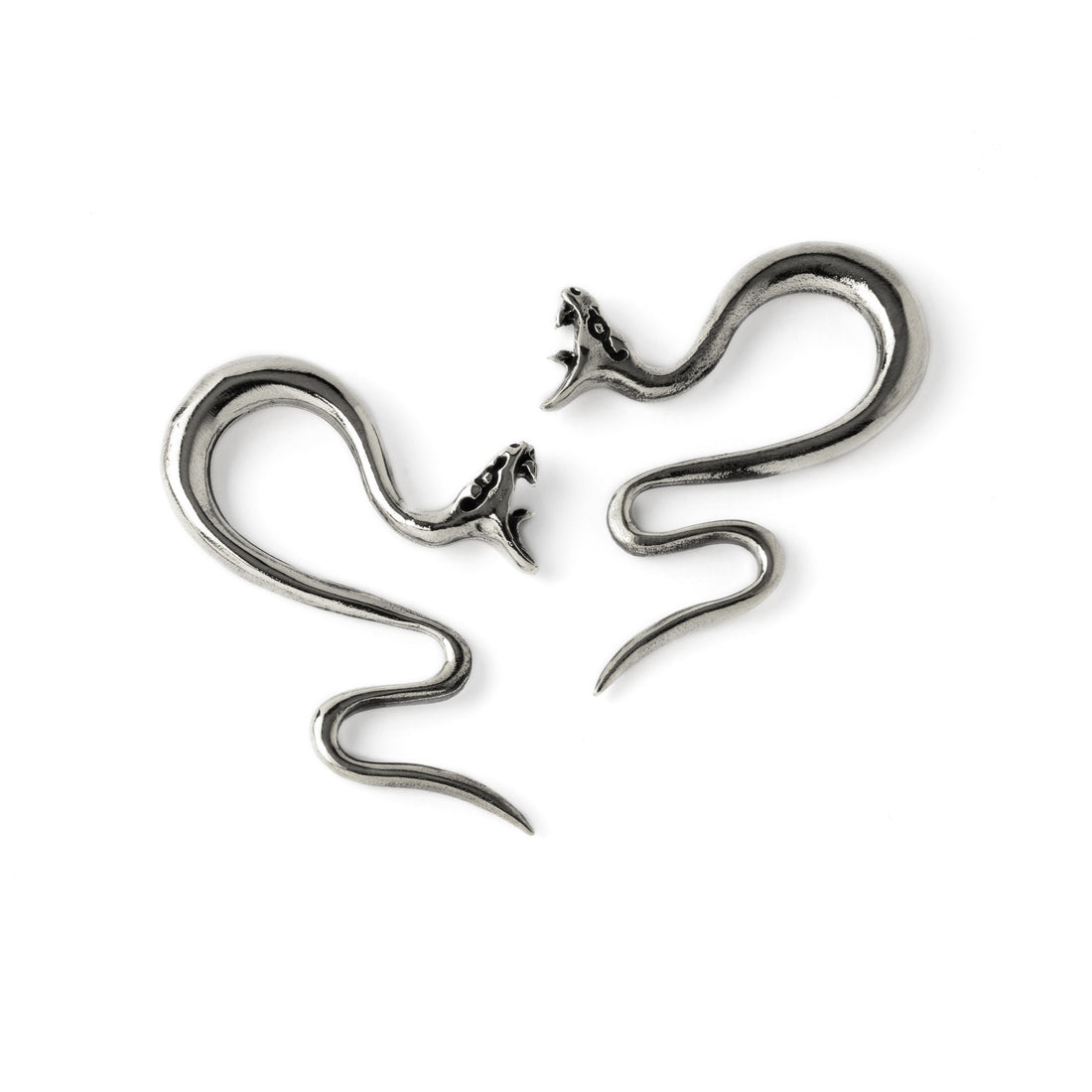 pair of serpent ear hangers for stretched ears size 4g, 2g, 0g frontal view
