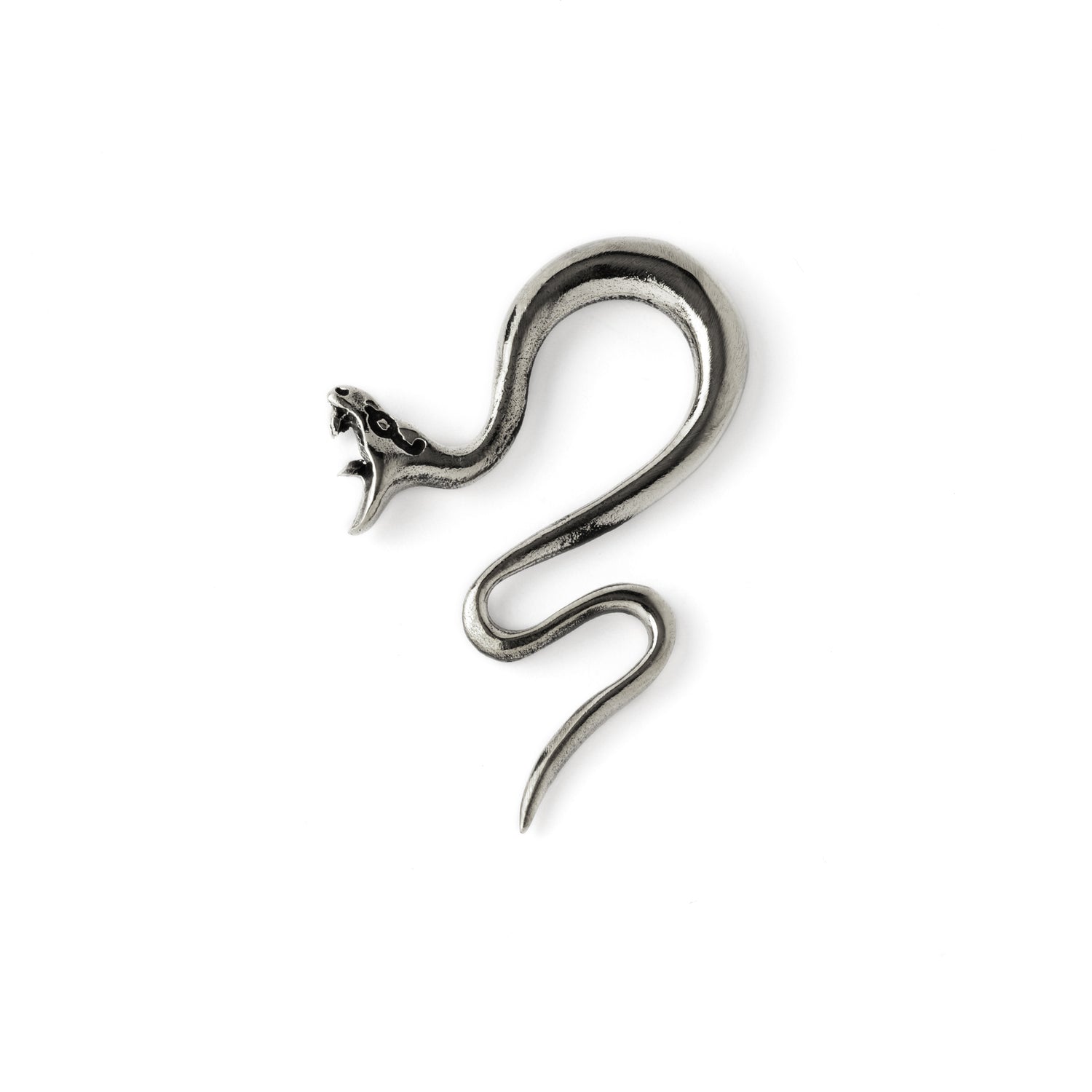single silver brass serpent ear hangers stretchers for stretched ears frontal view