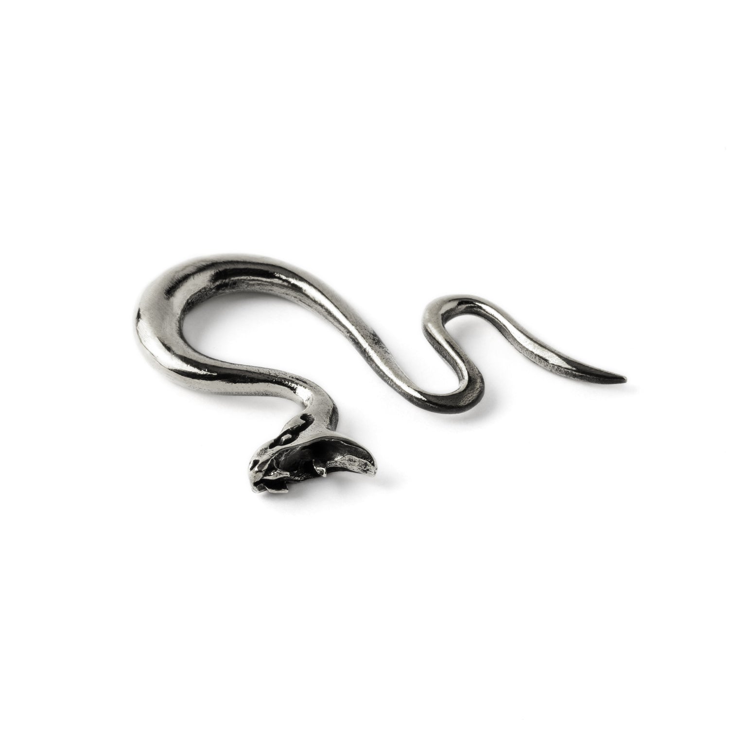 single silver brass serpent ear hangers stretchers for stretched ears frontal view