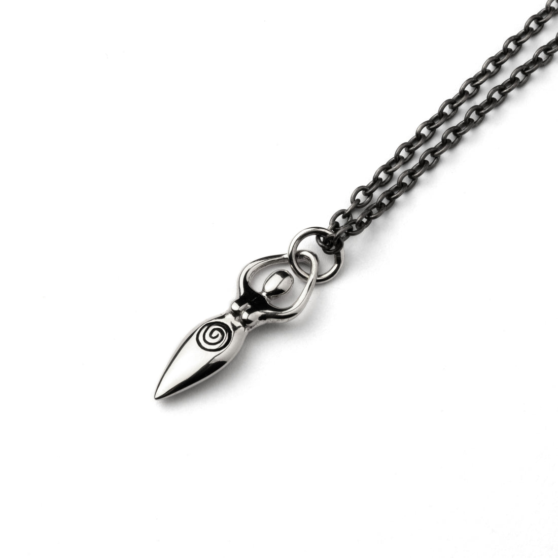Tiny silver Fertility goddess with etched spiral charm on a necklace right side view
