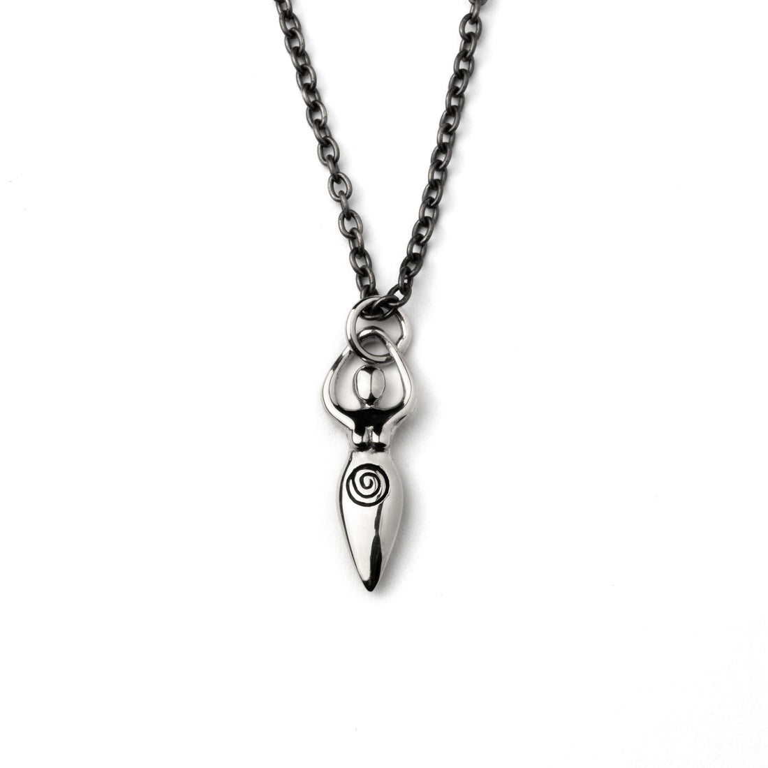 Tiny silver Fertility goddess with etched spiral charm on a necklace frontal view