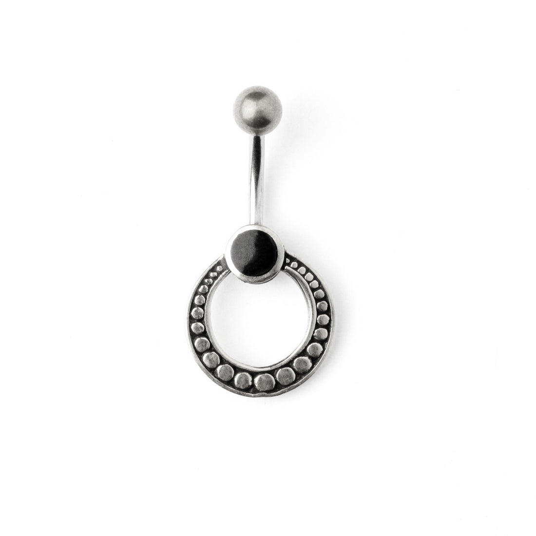 silver circle belly piercing with black onyx frontal view