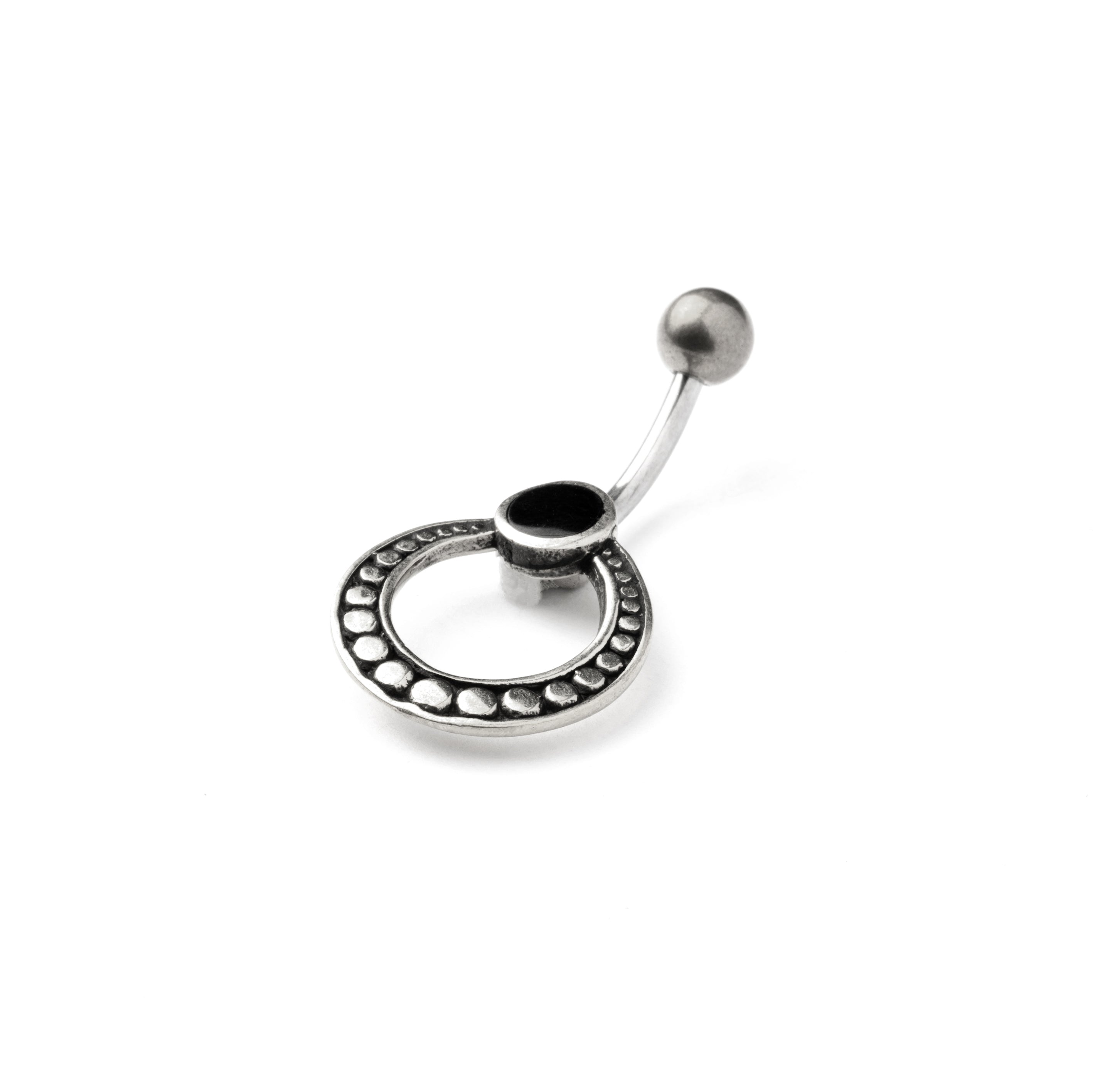 silver circle belly piercing with black onyx right side view