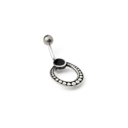 silver circle belly piercing with black onyx left side view