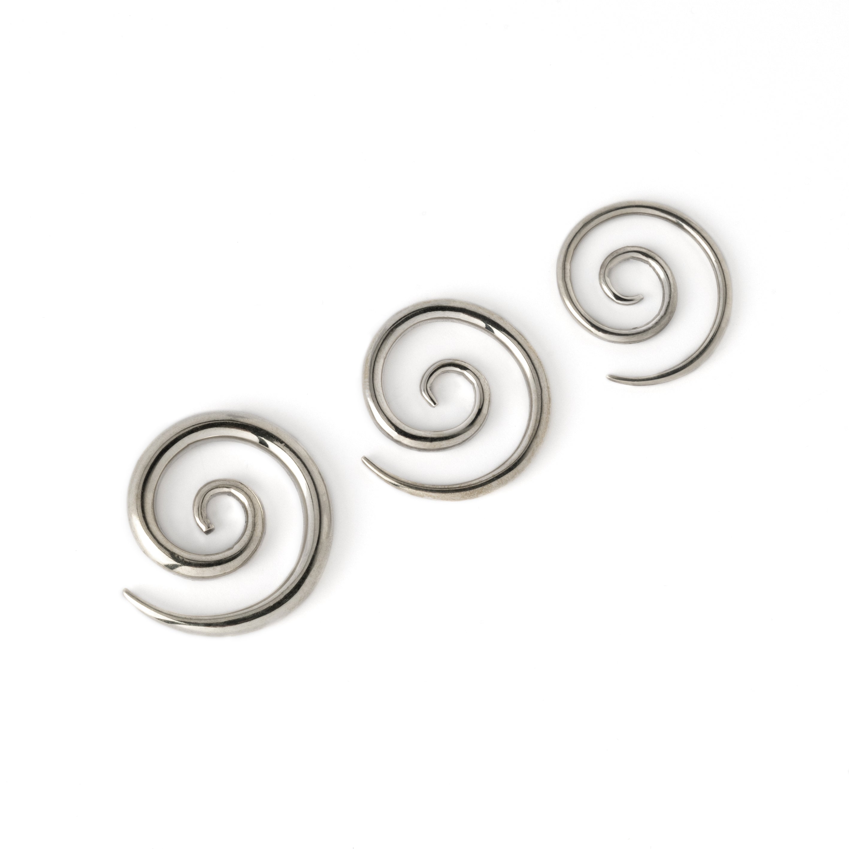 2mm, 3mm, 4mm silver spiral gauge earrings front and side view