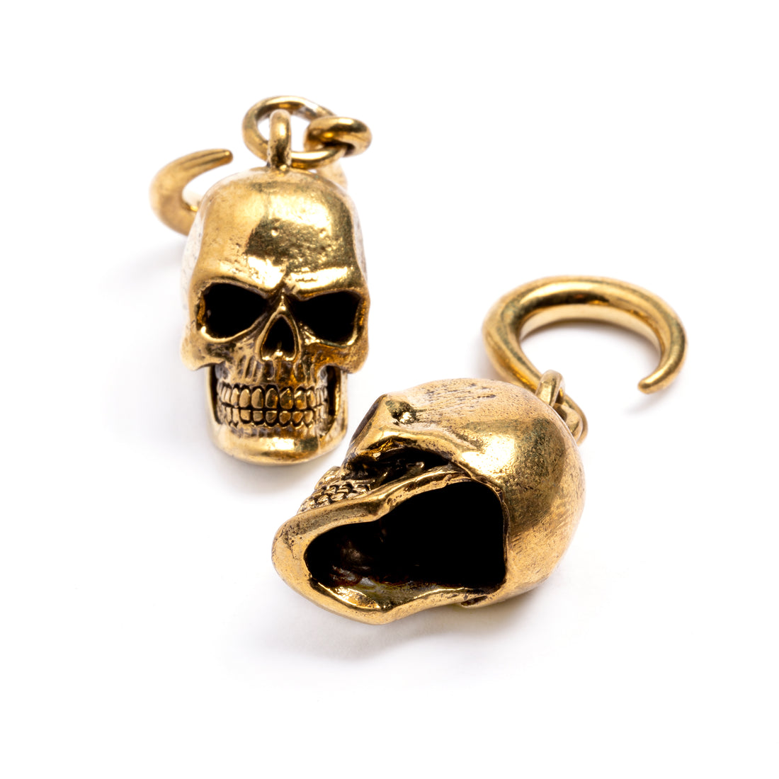 pair of gold brass skull hook ear weight hangers front and down view