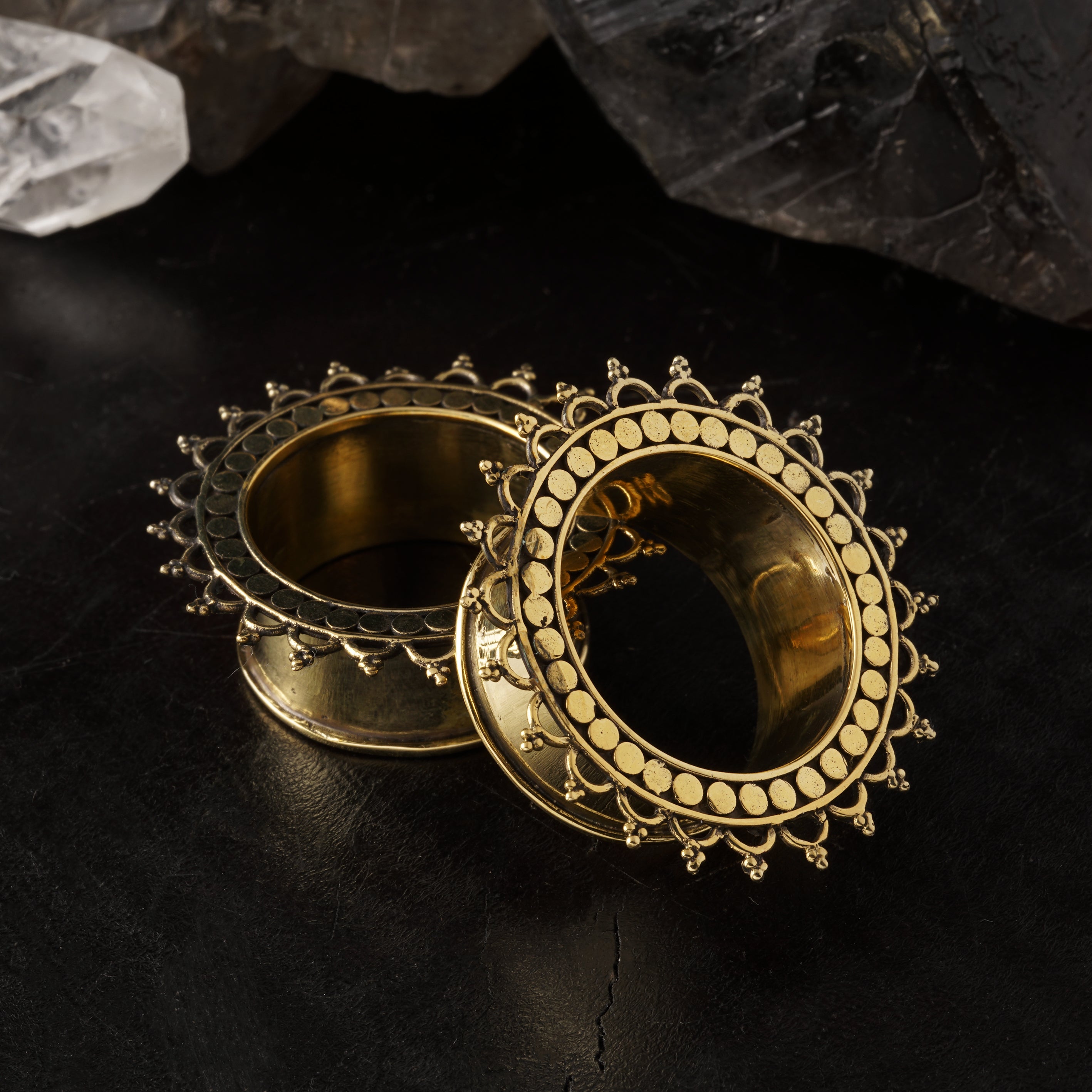 pair of brass tribal flower tara ear tunnels 