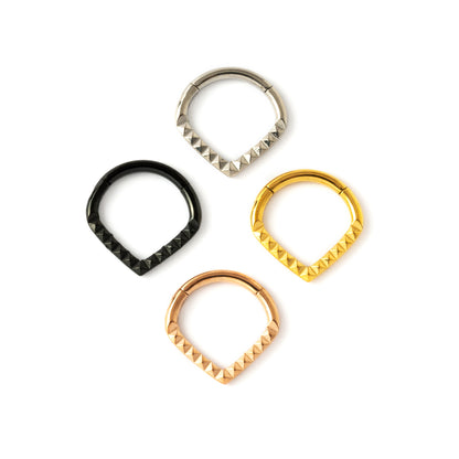Giza gold, rose gold, black surgical steel teardrop shaped septum clicker frontal view
