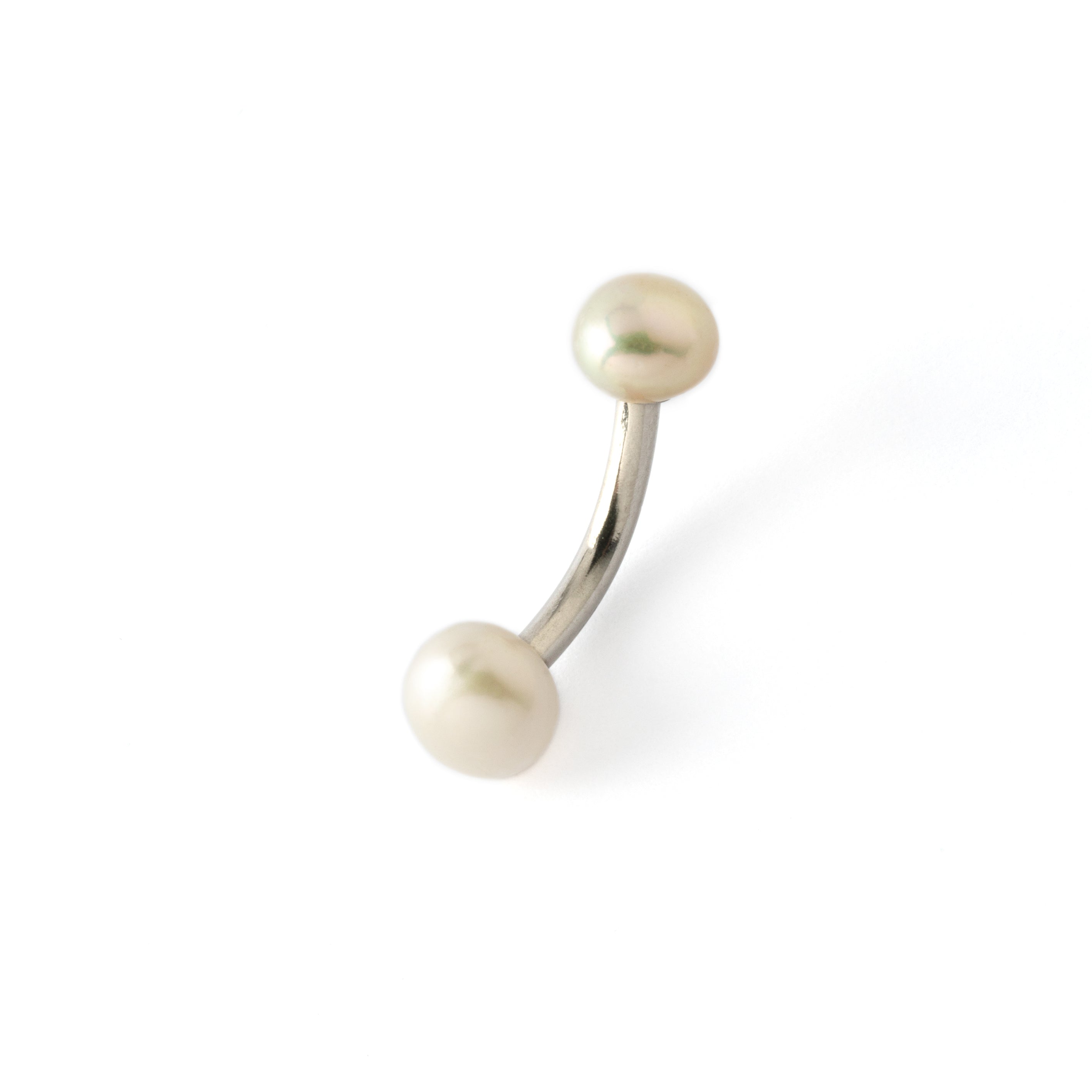 curved surgical steel navel bar with two white pearls, one at the top and a bigger one at the bottom side view